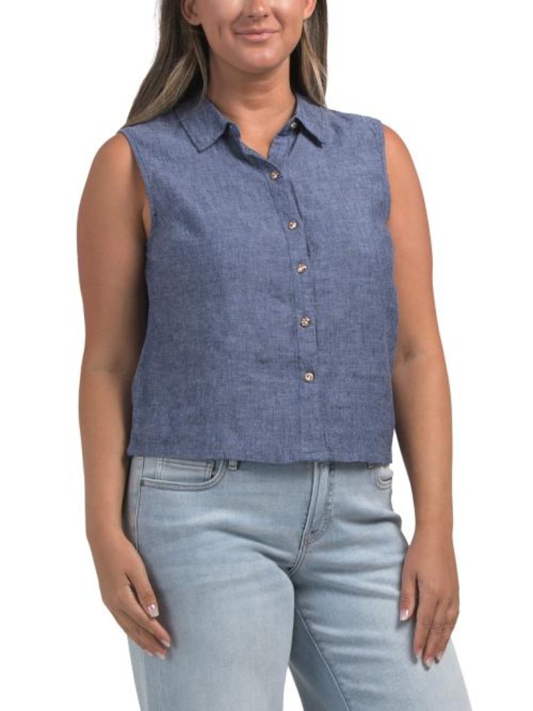 Martha Stewart Collection Linen Boxy Collared Button Tank Top Martha Stewart Collection Linen Boxy Collared Button Tank Top
